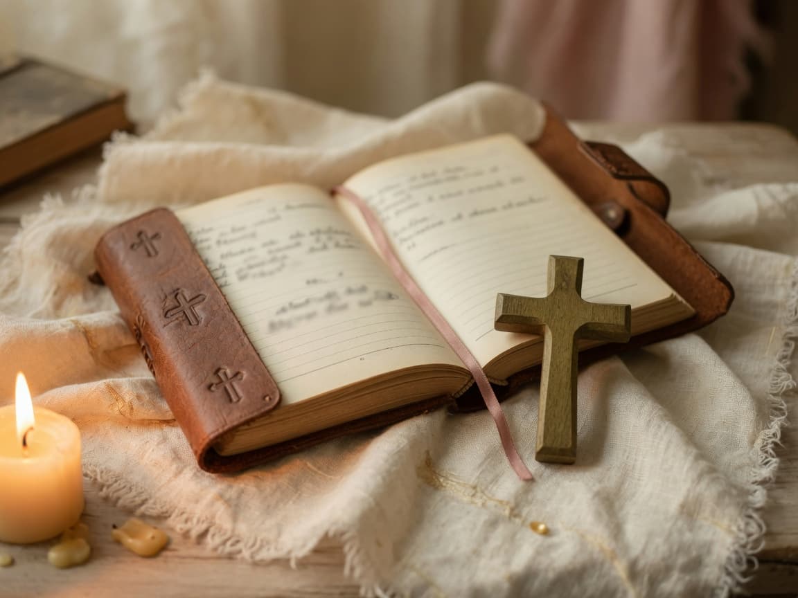 Prayer journal and wooden cross in soft light